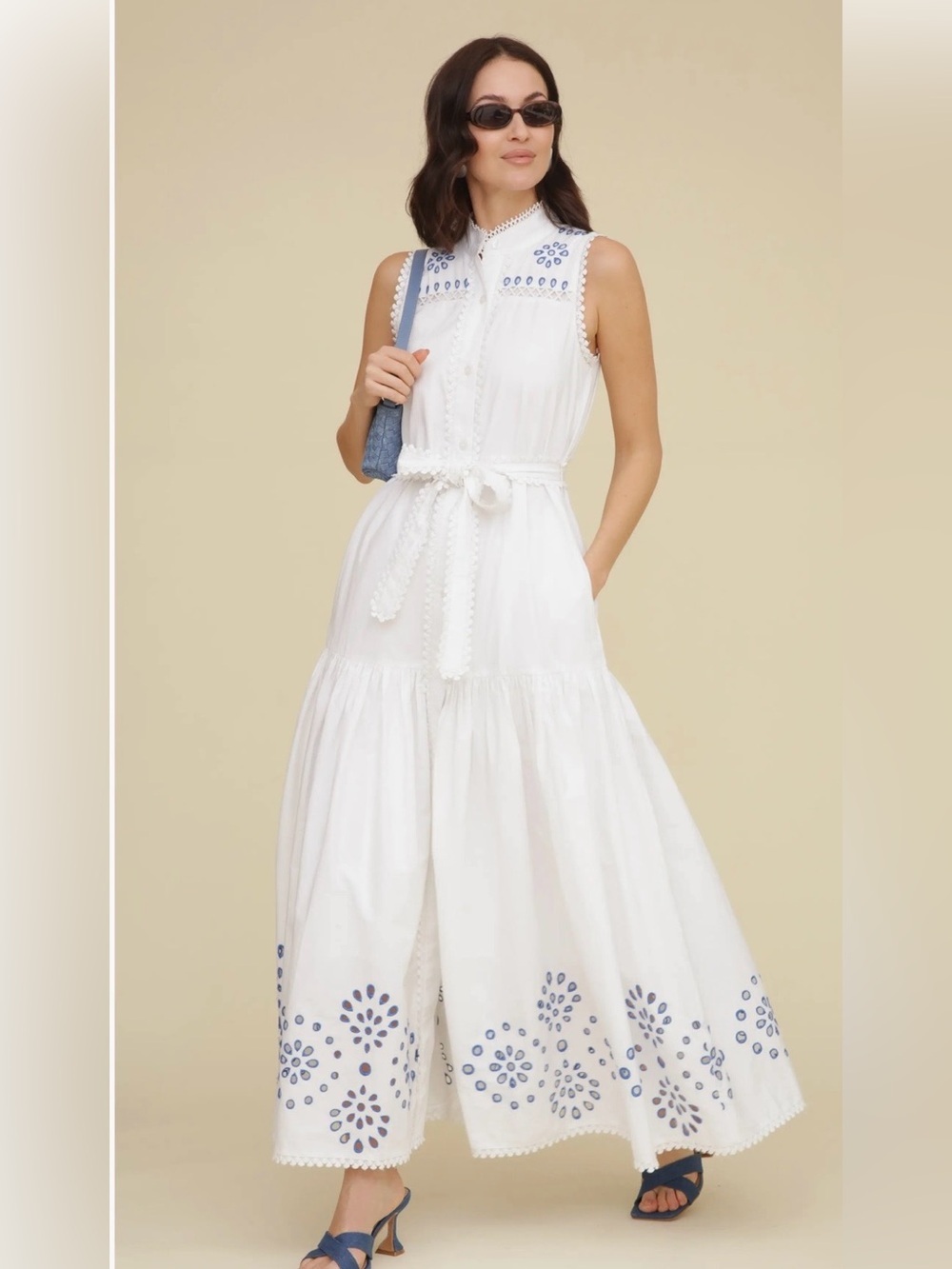 Avec Les Filles White Maxi Dress with Cobalt Blue Eyelet Detail 12